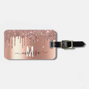 Rose Gold Glitter Monogram Handwritten script Luggage Tag