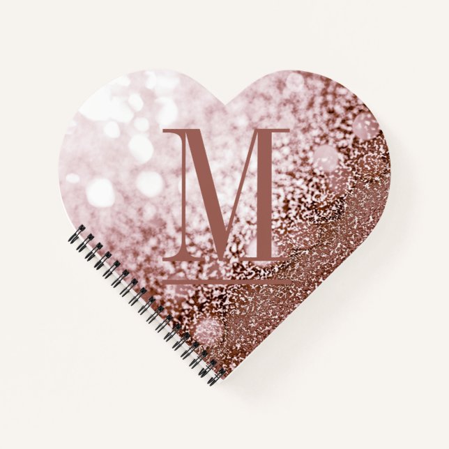 Rose Gold Glitter Monogram Heart Shaped Notebook (Front)