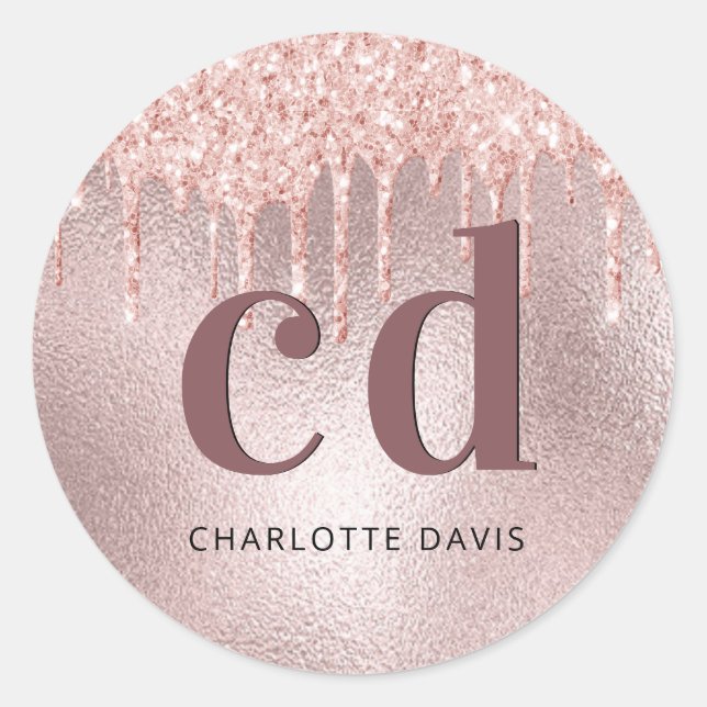 Rose gold glitter monogram initials classic round sticker (Front)