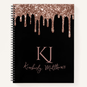 Rose Gold Glitter Monogram Initials on Black Notebook