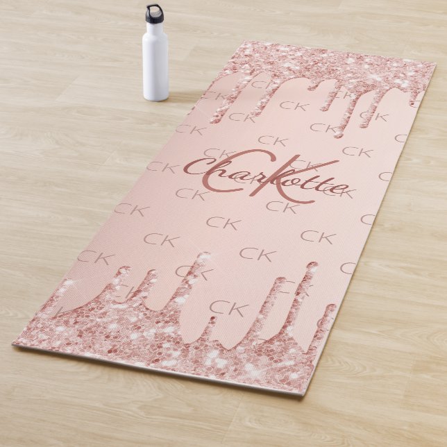 Rose gold glitter monogram initials pink luxury yoga mat (In Situ)