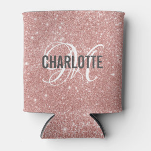 Rose gold glitter monogram name    can cooler