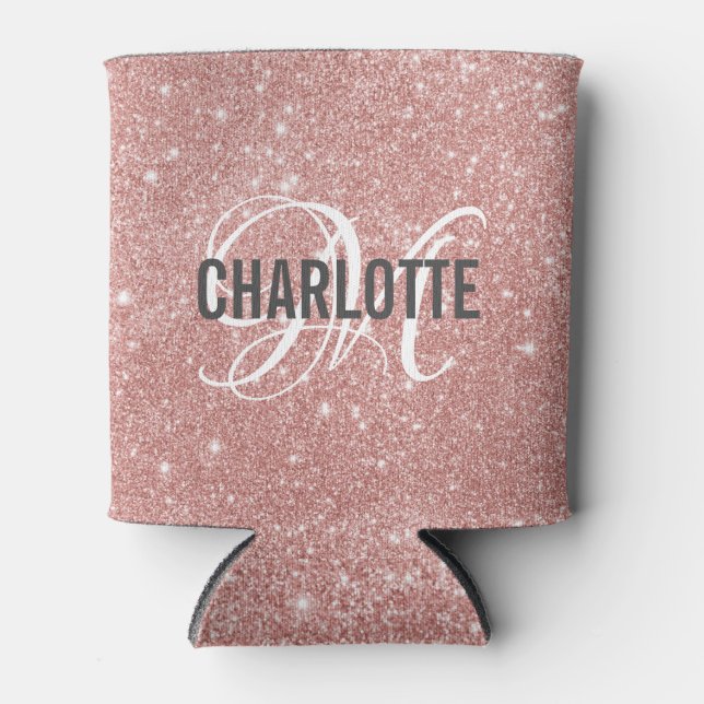 Rose gold glitter monogram name    can cooler (Front)