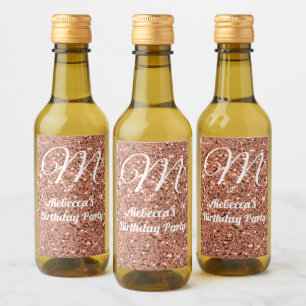 Rose Gold Glitter Monogram Party Favour Mini Bottl Wine Label