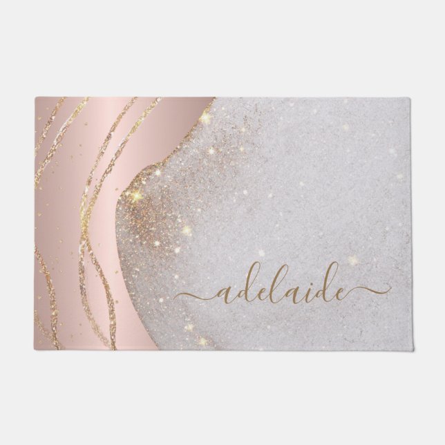 Rose Gold Glitter Monogram Script Name Welcome Doormat (Front)