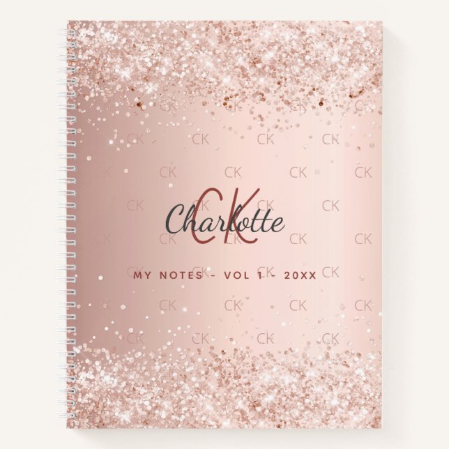 Rose gold glitter monogram script notebook (Front)