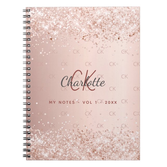 Rose gold glitter monogram script notebook (Front)