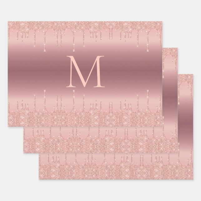 Rose Gold Glitter Monogram Wrapping Paper Sheets (Set)