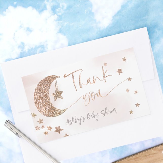 Rose gold glitter moon stars clouds baby shower sticker (Rose gold glitter moon stars clouds baby shower rectangular sticker)
