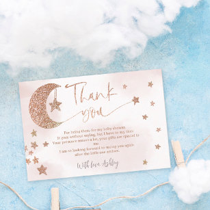 Rose gold glitter moon stars clouds baby shower thank you card