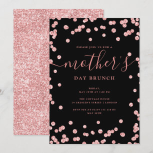 Rose Gold Glitter Mother's Day Brunch Black Invitation
