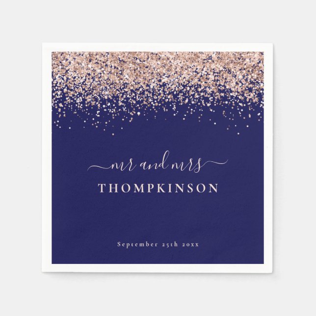 Rose Gold Glitter Mr Mrs Name Wedding Navy Blush Napkin (Front)