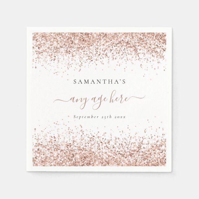 Rose Gold Glitter Name Date Any Age Birthday Party Napkin (Front)