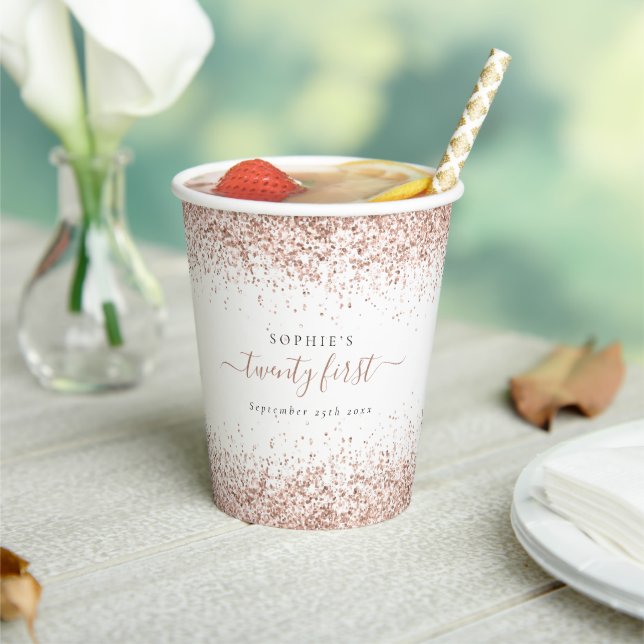 Rose Gold Glitter Name Date Twenty First Party Paper Cups (Insitu)
