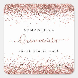Rose Gold Glitter Name Quinceañera Thank You Square Sticker