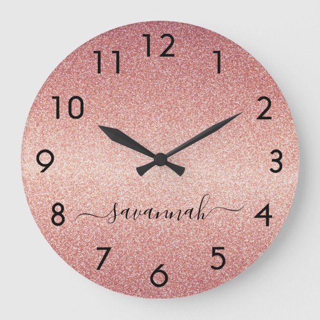 Rose gold glitter name script large clock (Front)