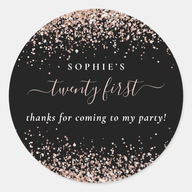 Rose Gold Glitter Name Thanks 21st Birthday Black Classic Round Sticker (Front)