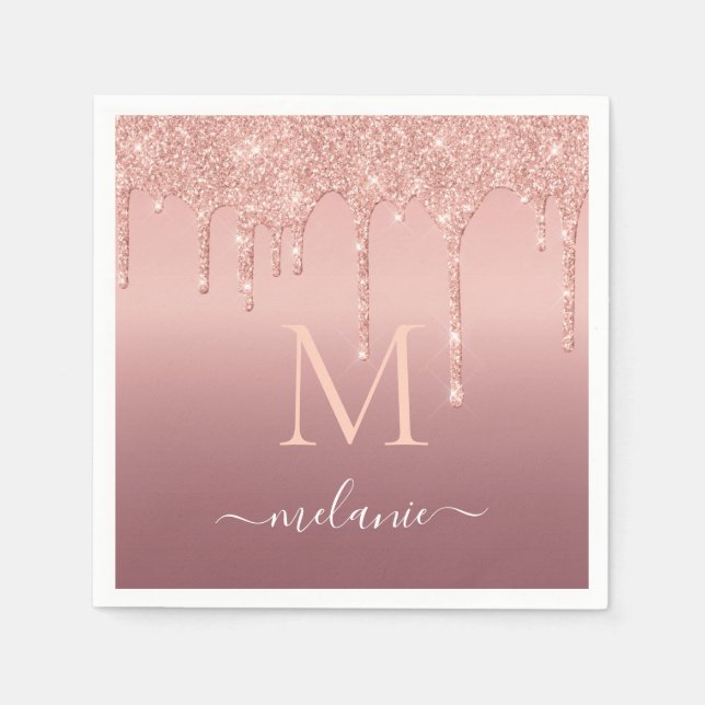 Rose Gold Glitter Napkins Custom Name and Letter (Front)