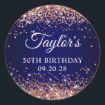 Rose Gold Glitter Navy Blue 50th Birthday Classic Round Sticker<br><div class="desc">Create your own 50th birthday party favour stickers.
Girly faux sparkly rose gold glitter over a dark navy blue gradient background.
Customize the font styles to create your own favour sticker design for her special celebration.
A classic elegant calligraphy paired with an all caps serif font.</div>