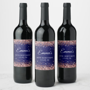 Rose Gold Glitter Navy Blue 60th Birthday Wine Label