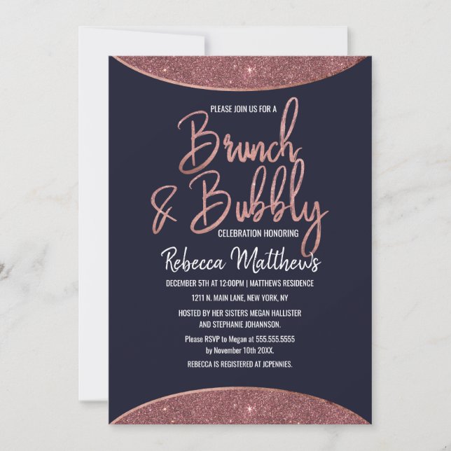Rose Gold Glitter Navy Blue Circular Brunch Bubbly Invitation (Front)