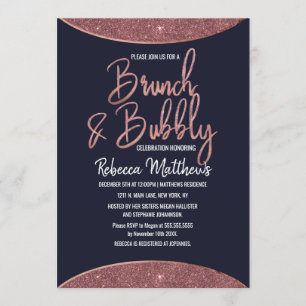 Rose Gold Glitter Navy Blue Circular Brunch Bubbly Invitation