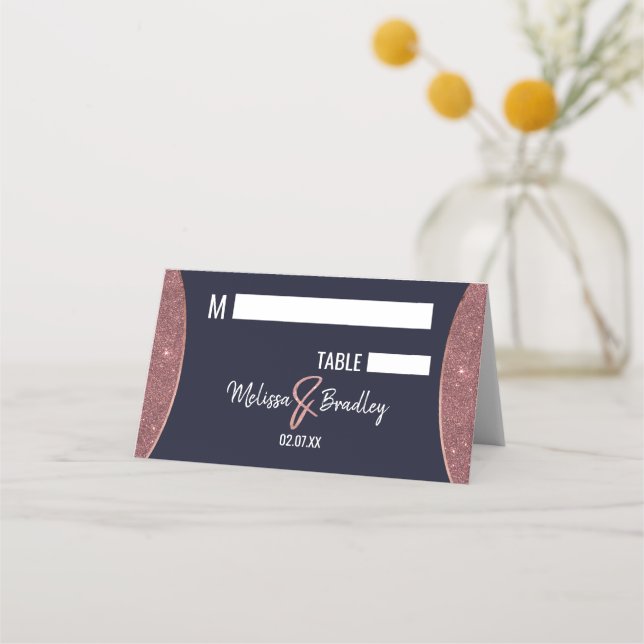 Rose Gold Glitter Navy Blue Circular Place Cards (Front)