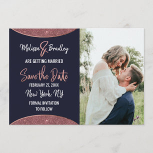 Rose Gold Glitter Navy Blue Circular Save the Date Invitation