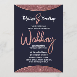 Rose Gold Glitter Navy Blue Circular Wedding Invitation