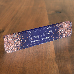 Rose Gold Glitter Navy Blue Gradient Nameplate
