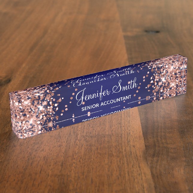 Rose Gold Glitter Navy Blue Gradient Nameplate (Side)
