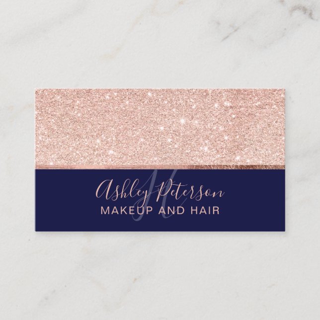 Rose gold glitter navy blue hair makeup monogram business card (Front)