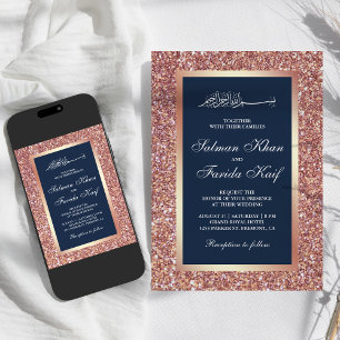 Rose Gold Glitter Navy Blue Islamic Muslim Wedding Invitation