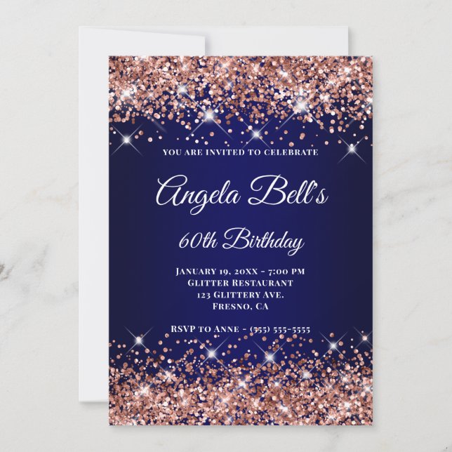 Rose Gold Glitter Navy Blue Ombre 60th Birthday Invitation (Front)