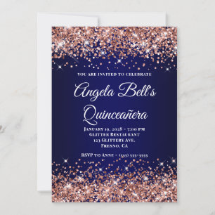 Rose Gold Glitter Navy Blue Ombre Quinceanera Invitation