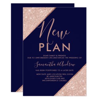 Rose gold glitter navy blue wedding new plan invitation