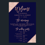 Rose gold glitter navy blue wedding program poster<br><div class="desc">Rose Gold glitter colour block typography on customizable navy blue and faux rose gold geometric stripes chic wedding program ,  perfect for elegant,  luxurious wedding, </div>