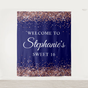 Rose Gold Glitter Navy Blue Welcome to Sweet 16 Tapestry