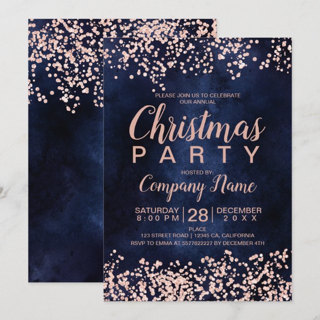 Rose gold glitter navy corporate Christmas party Invitation (Front/Back)