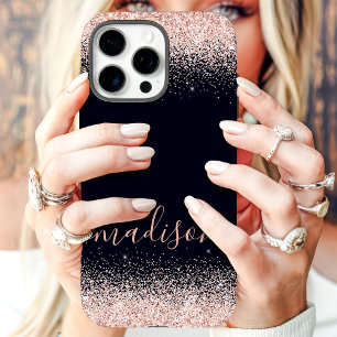 Rose Gold Glitter Navy Custom Name iPhone 16 Pro Max Case