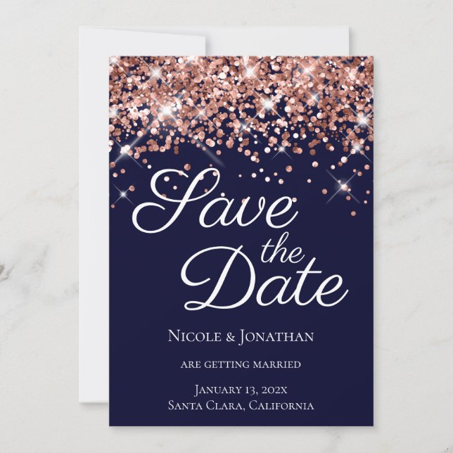 Rose Gold Glitter Navy Elegant Calligraphy Save The Date (Front)