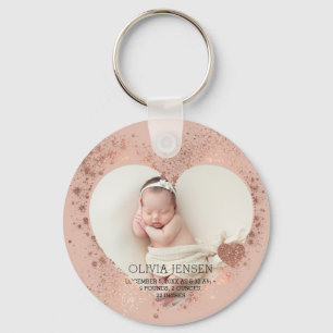Rose Gold Glitter Newborn Photo Birth Stats Keychain