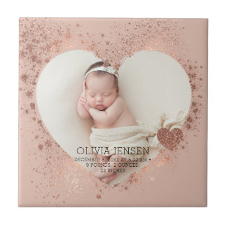Rose Gold Glitter Newborn Photo Birth Stats Tile