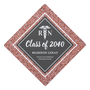 Rose Gold Glitter Nurse RN Script Personalized Graduation Cap Topper