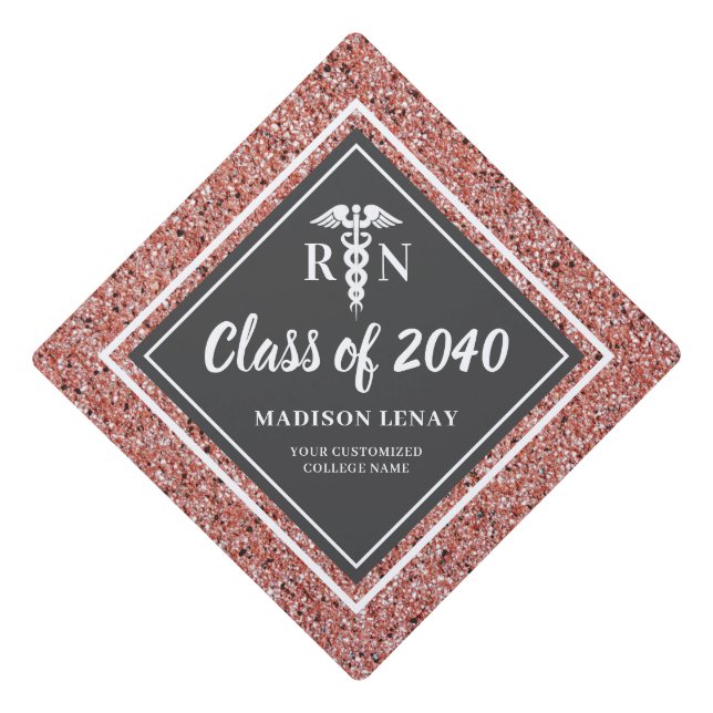 Rose Gold Glitter Nurse RN Script Personalized Graduation Cap Topper (Front)