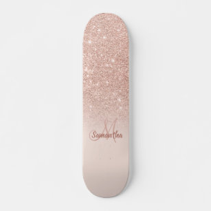 Rose gold glitter ombre blush chic add your name skateboard