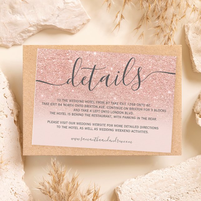 Rose gold glitter ombre blush script details enclosure card (Creator Uploaded)