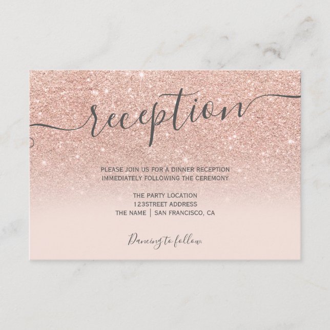 Rose gold glitter ombre blush script reception enclosure card (Front)