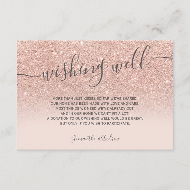 Rose gold glitter ombre blush script wishing well enclosure card (Front)