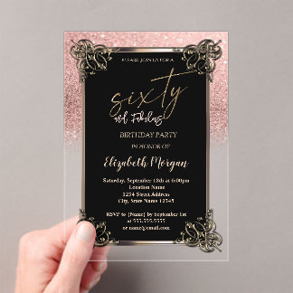Rose Gold Glitter Ombre Border 60th Birthday Party Acrylic Invitations